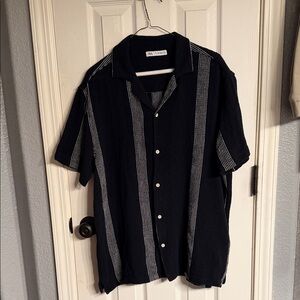 Zara Men black Short-Sleeve Button-Down Shirt with White Vertical Stripes